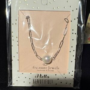 Silver Necklace with One Single genuine Pearl Accent